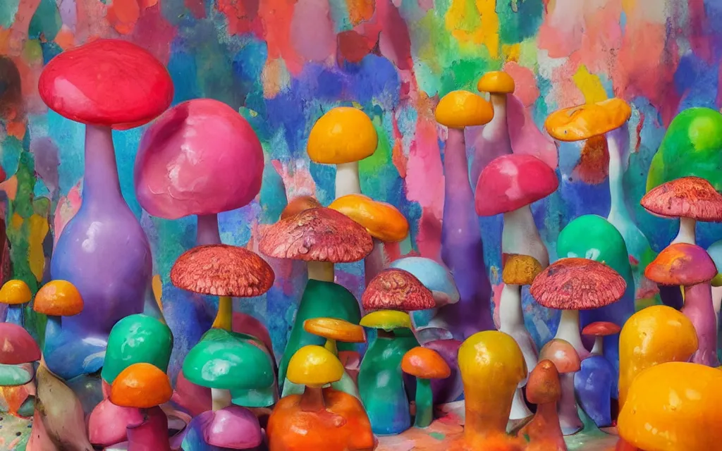 Prompt: Studio Photograph of Beautiful intensely colorful Ceramic Sculpture Of Tropical Mushrooms on a pedestal, ceramic sculpture with dripping glaze on a pedestal intricately carved with sgraffito Insects and the images of Tropical Flowers by Amedeo Modigliani by Robert Arneson by Paul Klee, Drippy Glaze Bright Intense Colors shocking detail hyperrealistic trending on artstation