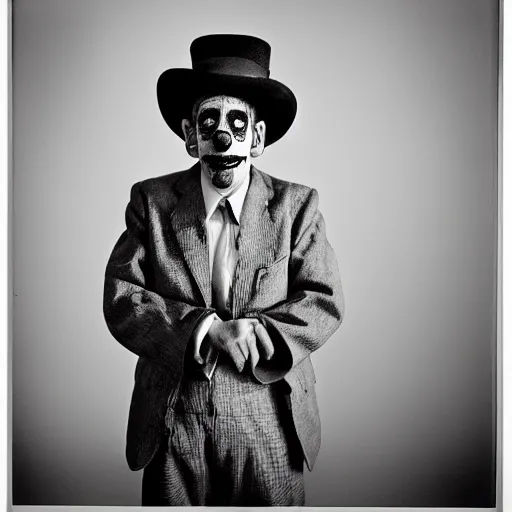 Prompt: portrait of a clown by Diane Arbus, 50mm, black and white, natural light