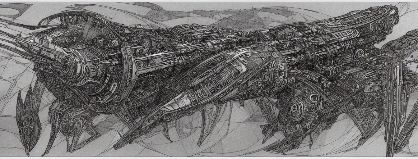 Prompt: highly detailed concept art sheet drawing, side view, sf interstellar travel drive designs, intricate and stylized spaceship designs by zdizslaw beksinski, h. r giger, alphonse mucha