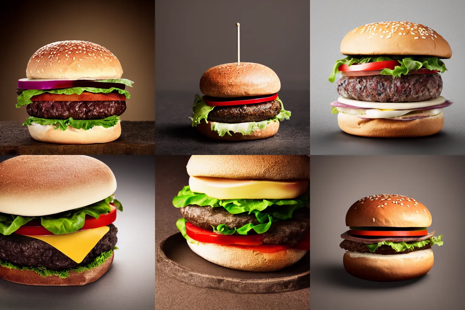 Prompt: Stone Hamburger. Hambuger is made completely from stone. Rock Hamburger. Product Photography, Studio Lighting. Canon 85mm f1.8.