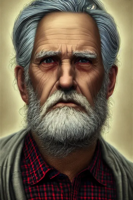 Prompt: an old man wear plaid red shirt + long grey hair + no beard is the man who know everything in the universe by karol bak, james jean, tom bagshaw, rococo, sharp focus, trending on artstation, cinematic lighting, hyper realism, octane render, 8 k, hyper detailed, vivid, ultra detailed, highly detailed