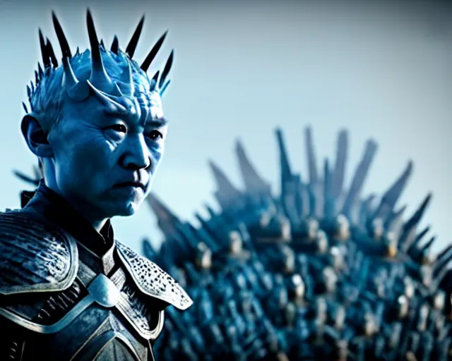 Image similar to justin sun as night king in game of thrones versus huge bee, 4 k, epic, cinematic, focus, movie still, fantasy, extreme detail, atmospheric, dark colour, sharp focus