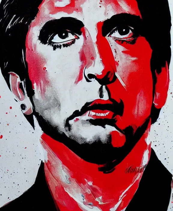 Image similar to headshot portrait. tony montana from movie scarface 1 9 8 3. al pacino, perfect symmetric face, coherent eyes, fine details., 4 k, red and black ink paint