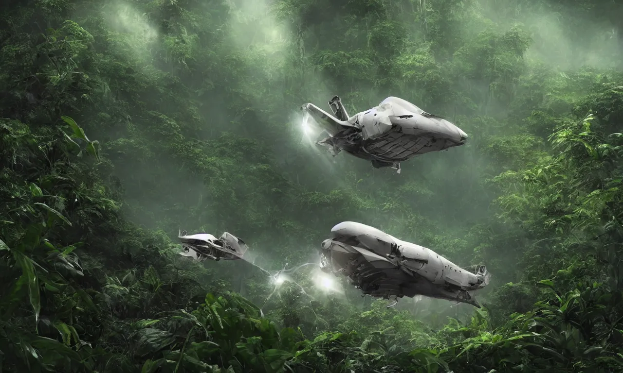 Image similar to Astronaut prometheus spaceship crashed in jungle , deep in the tropical rain forest ,wide angle low cinematic lighting atmospheric realistic octane render highly detailed in he style of craig mullins, full hd render 3d octane render unreal engine 5 Redshift Render Cinema4D C4D Rendered in Houdini Houdini-Render Blender Render Cycles Render OptiX-Render Povray Vray CryEngine LuxCoreRender MentalRay-Render Raylectron Infini-D-Render Zbrush DirectX Terragen Autodesk 3ds Max After Effects 4k UHD immense detail interdimensional lightning + studio quality enhanced quality