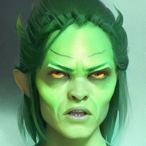 Prompt: character portrait of a green orc female, light green tone beautiful face by greg rutkowski, trending on artstation