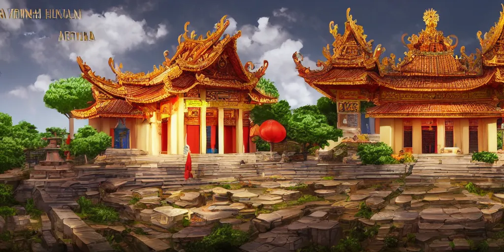 Image similar to vietnamese temple scene, side scroller, 2 d game art background, sharp, detailed, intricate, game level design, cinematic lighting, ultrarealistic, photorealistic, trending on artstation, in the style of vinodh sivaraja