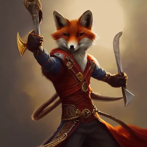 Prompt: anthropomorphic fox wielding a rapier, arrogant, D&D, fantasy, portrait, highly detailed, digital painting, artstation, concept art, sharp focus, illustration, art by artgerm and greg rutkowski and magali villeneuve, red blue and gold color scheme