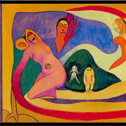 Prompt: A painting showing The Birth of Venus, Ernst Ludwig Kirchner, Ladislaus Eugen Petrovit, Paul Klee
