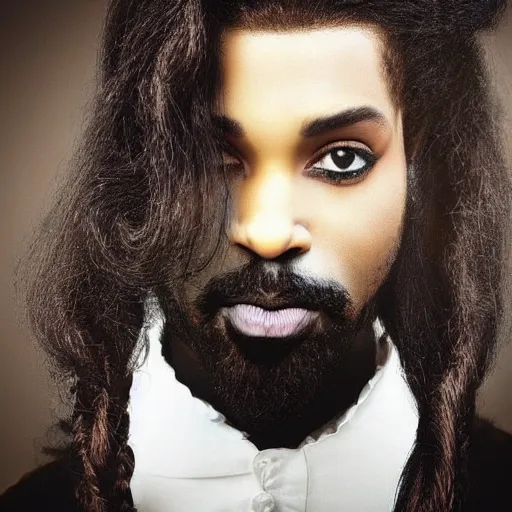 Prompt: prince with a beard and long hair, dark skin, Arabic, highly detailed, hyperrealistic