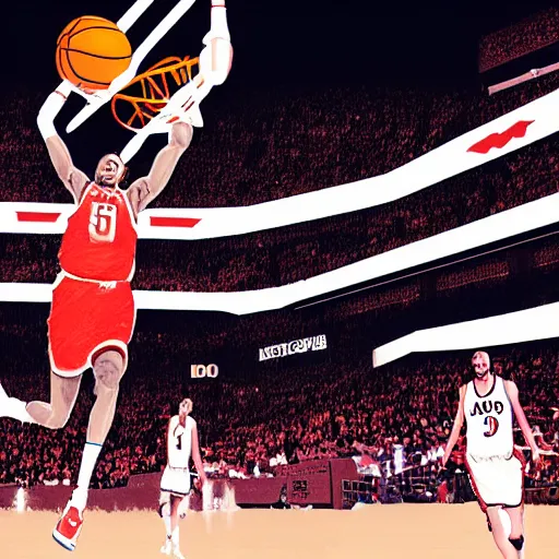 Prompt: photo of nba game with athlete dunking a surprised kirby instead of a basketball, digital art
