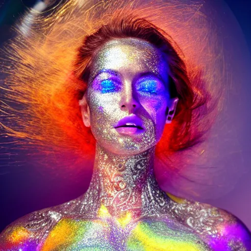 Prompt: portrait photo, a woman covered in intricate silver body paint and a purple florescent bikini inside an iridescent bubble floating above beautiful colorful sunset clouds