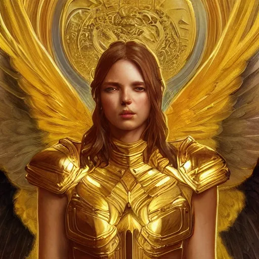 Image similar to Archangel with golden wings, heavy armor, , intricate, headshot, highly detailed, digital painting, artstation, concept art, sharp focus, cinematic lighting, illustration, art by artgerm and greg rutkowski, alphonse mucha, cgsociety