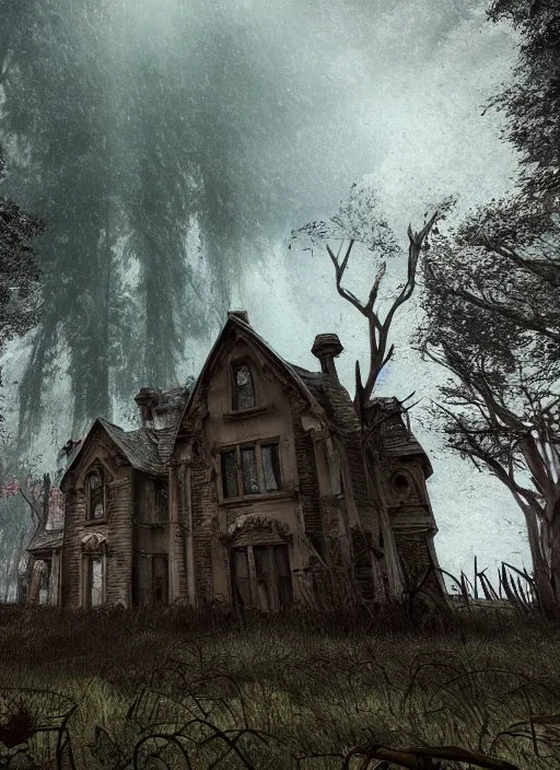 Image similar to an abandoned hell mansion on a ominous forest biome by pixar, smooth, cinematic, wet reflections, ray tracing x, rtx, smooth