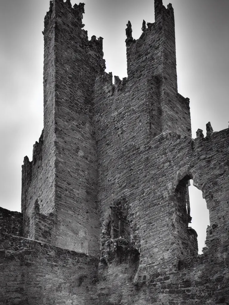 Prompt: long exposure photography of a tall intricate gothic tower ruin in the sea, photorealistic, minimalism, black and white fine art photography