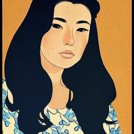 Image similar to “ lana del rey portrait by ikenaga yasunari and ayana otake and ko rakusui, 6 0 s poster, drawing, realistic, sharp focus, japanese, dreamy, nostalgia, faded, golden hues, floral clothes ”