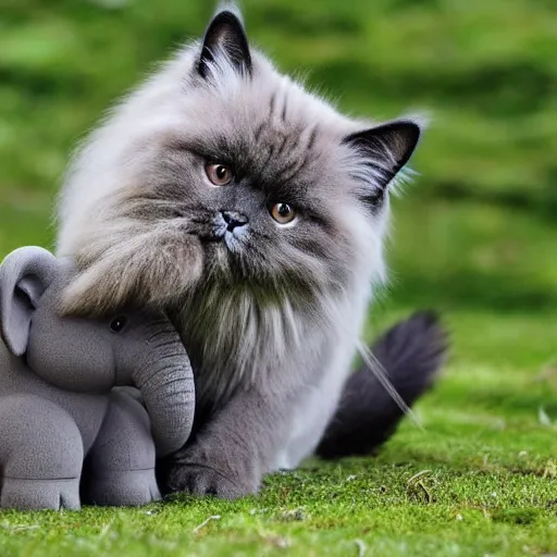 Image similar to Himalayan cat with green fur happily playing with a miniature grey skinned elephant.