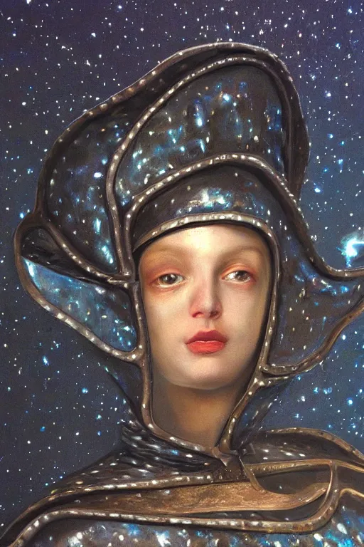 Image similar to hyperrealism oil painting, close - up portrait of face hiding in stingray medieval fashion model, knight, steel gradient mixed with nebula sky, in style of baroque mixed with 7 0 s book art