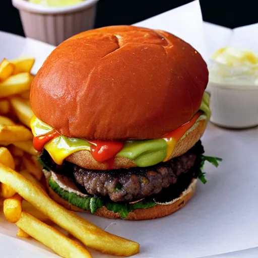 Prompt: a deep fried double cheeseburger with fries t