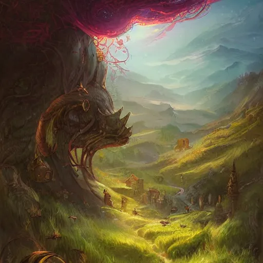 Image similar to fantasy book cover painting, a lively landscape in the country by Ross Tran