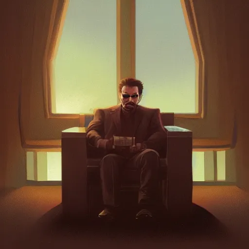 Image similar to concept art of tony stark sitting in an armchair in a room with the setting sun, cinematic shot, painting by jama jurabaev, extremely detailed, brush hard, artstation, high quality, brush stroke