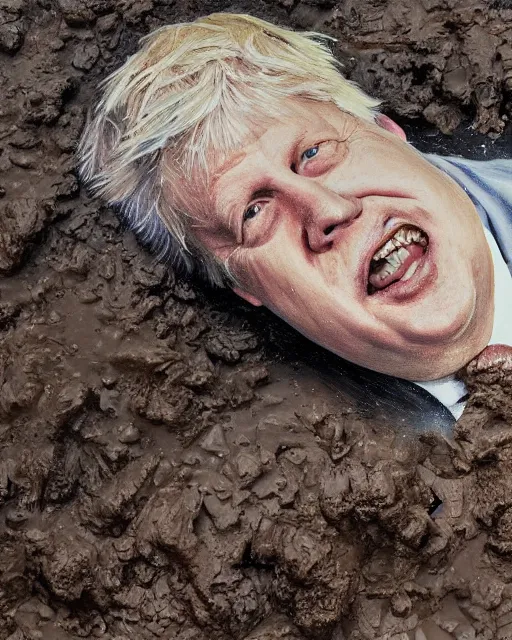 Image similar to an oil painting of uk politician former prime ministe boris johnson lying down in a pile of mud on a farm, covered in dirt, 4 k detail