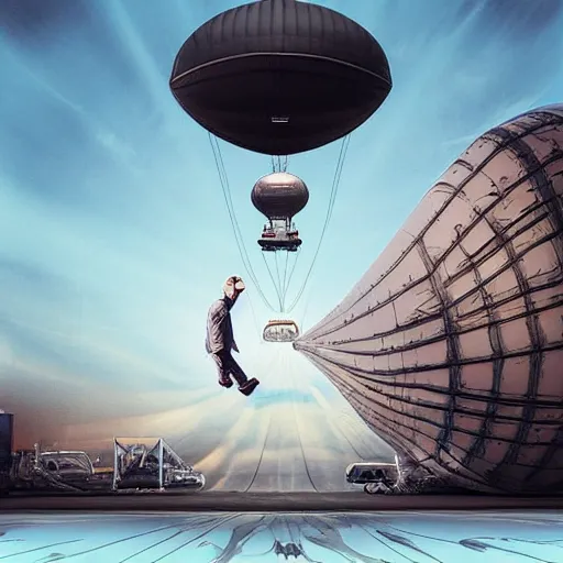 Prompt: “man trying to pump up inflate a large zeppelin blimp, highly detailed, dramatic lighting, Alex Pardee, Nekro Petros Afshar, James McDermott, cgsociety 4K”