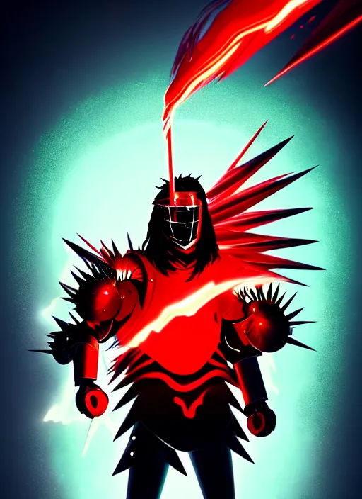 Image similar to a striking cinematic full body manga portrait of a long black haired masked male teenager wearing imposing red jagged spiked plate armour and glowing with raging powerful red energy by hirohiko araki and beeple, fine details, digital art, character concept art, volumetric lighting, cinematic light, photorealistic