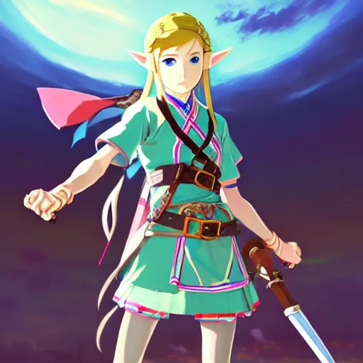 Image similar to a beautiful! young feminine link from botw, wearing japanese catholic school girl outfit with mayan pattern and native style, aztec street fashion, guilty gear art direction, perfect anime face, gapmoe yandere grimdark, trending on pixiv fanbox, painted by greg rutkowski makoto shinkai takashi takeuchi studio ghibli, akihiko yoshida