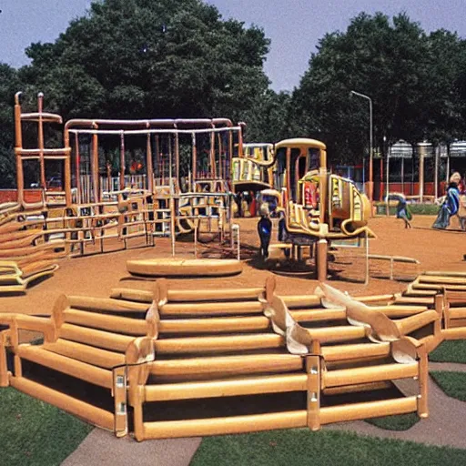 Image similar to full - color 1 9 7 0 s photo of a vast incredibly - large complex very - dense tall many - level playground in a crowded schoolyard. the playground is made of wooden planks, rubber tires, metal bars, and ropes. it has many spiral staircases, high bridges, ramps, balance beams, and metal tunnel - slides.