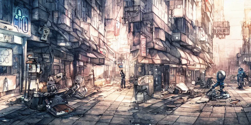 Image similar to watercolour painting of a broken robot repairing its own arm in a post apocalyptic city street, anime, pencil lines, light watercolour, pale sky, beautiful artwork, anime screenshot, akihabara