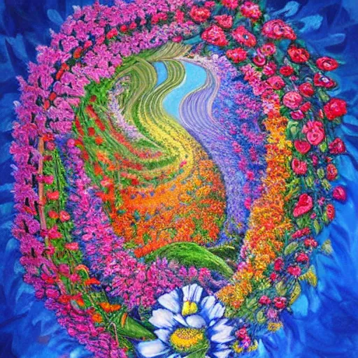 Prompt: an epic painting of an infinite flower garden