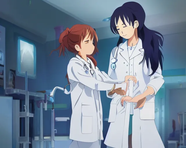 Image similar to a cute young female doctor wearing white coat with a little girl in a hospital, slice of life anime, lighting, anime scenery by Makoto shinkai