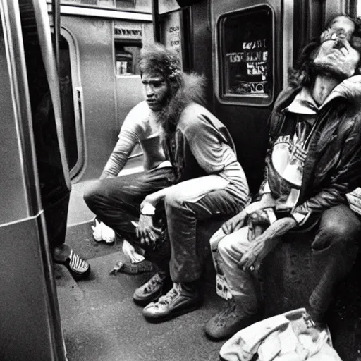 Image similar to homeless lord beerus, 1980s new york subway