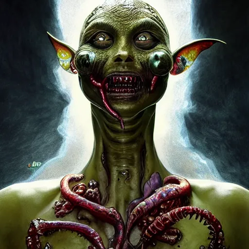 Image similar to portrait of a bloodied ornate filigreed slime dripping genderless insect alien monster, muscles, rippling, space warping and twisting, ultra realistic, concept art, intricate details, eerie, highly detailed, photorealistic, octane render, 8 k, unreal engine. art by artgerm and greg rutkowski and alphonse mucha