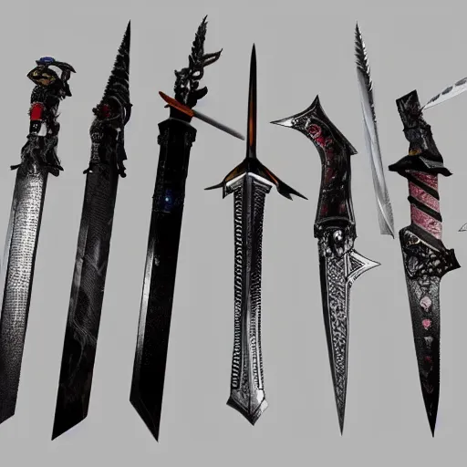 Prompt: a collection of cyberpunk swords and daggers