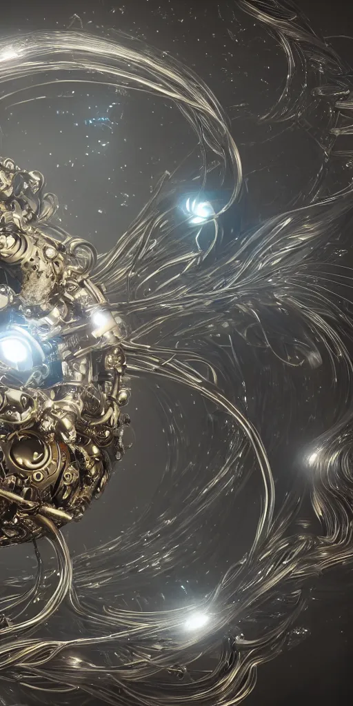 Image similar to swirling abstract cyborg parts and bio - mechanical tendrils and ornate flowing smoke streams and liquid light streaks surround a small metallic sphere, cinematic, unreal engine