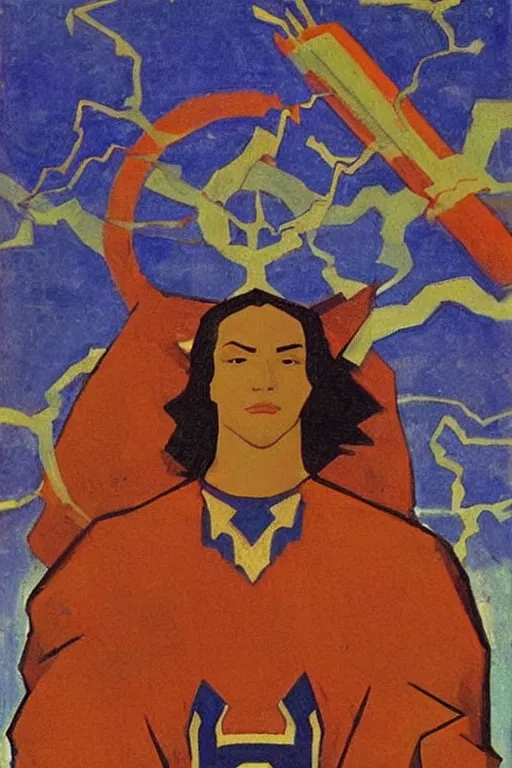 Image similar to thor, marvel, artwork by nicholas roerich,