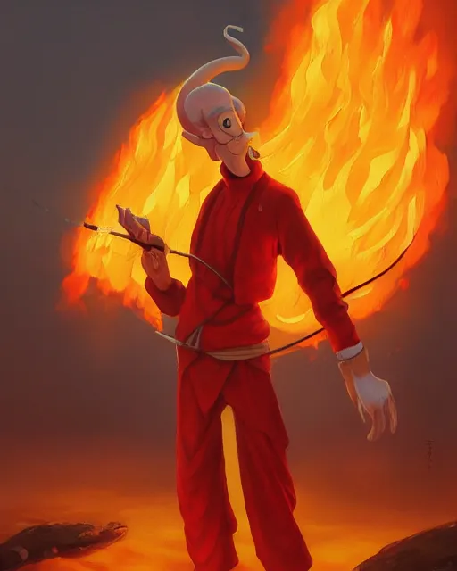 Image similar to [ squidward ] wearing fire nation clothing and practicing firebendingoutside at susnset, oil painting, highly detailed, intricate, hd, sharp focus, photorealistic, by moebius and greg rutkowski, trending on artstation, trending on cgsociety, realistic shading and lighting