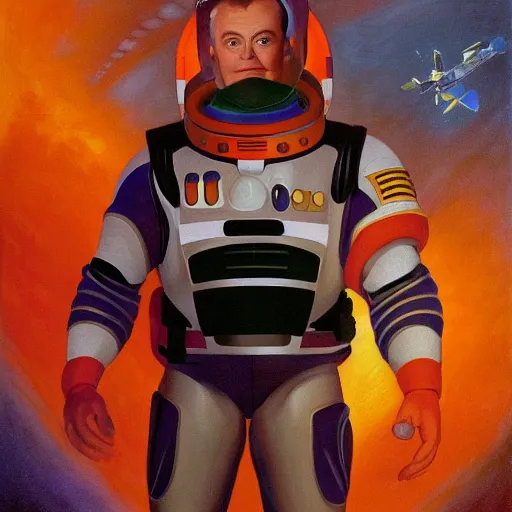 Prompt: painting of studio portrait of buzz lightyear. in a red communist space suit with communist symbols. symmetry. depth of field. intricate details. 8 k. cinematic light. vintage style. trending on artstation. art by john singer sargent - adolphe bouguereau - ralph mc quarrie.