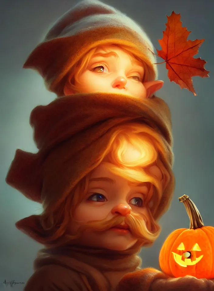 Image similar to hand drawn cute one gnomes face in autumn and pumpkin, detailed closeup face, concept art, low angle, high detail, warm lighting, volumetric, godrays, vivid, beautiful, trending on artstation, art by artgerm and greg rutkowski and alphonse mucha