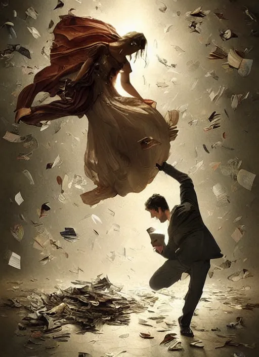 Prompt: man and woman flying through scattered book pages, romantic painting, elegant intricate digital painting artstation concept art by Mark Brooks and Brad Kunkle detailed