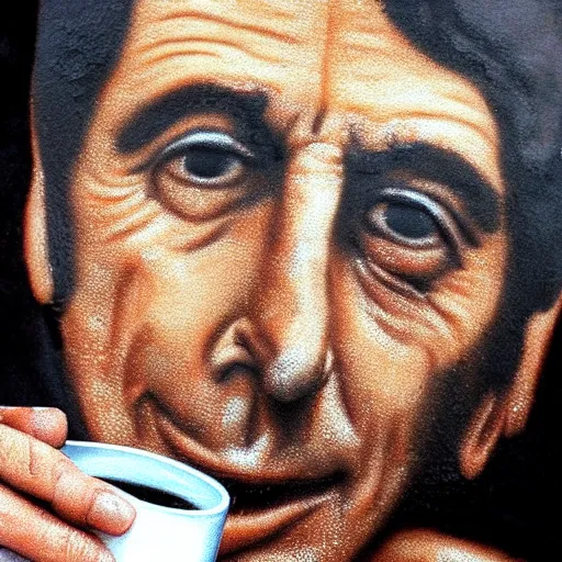 Prompt: al pacino portrait made of milk foam and coffee in a cup of cappuccino, high detail