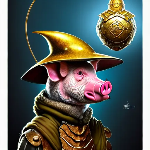 Image similar to rpg! profile!!! portrait of humanoid pig on white background, wizard hat, wizard cloak, surreal, vintage doll, intricate, highly detailed, digital painting, artstation, concept art, smooth, sharp focus, illustration, art by norman rockwell emiliano ponzi andrey remnev yoann lossel aaron jasinski, 8 k