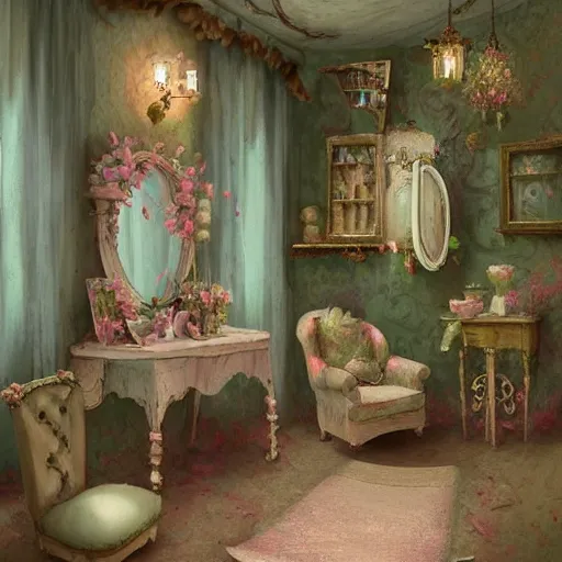 Prompt: beautiful digital matte painting of a whimsical botanical shabby chic dressing room by greg rutkowski and mark ryden, thomas kinkade, artstation, behance hd - 7 6 8