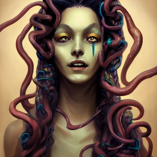 Image similar to medusa portrait painting, wicked smile, artstation, detailed, blurred background