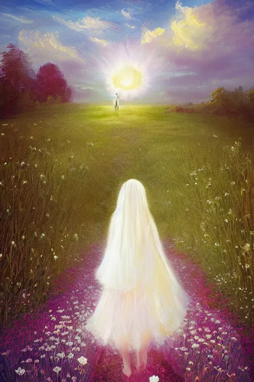 Image similar to giant white daisy flower veil, girl walking in a flower field, surreal photography, sunrise, dramatic light, impressionist painting, colorful clouds, digital painting, artstation, simon stalenhag