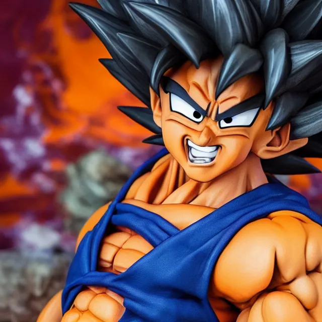 Image similar to portrait of happy goku made of clay, artstation, artgerm, hyper detailed, bokeh