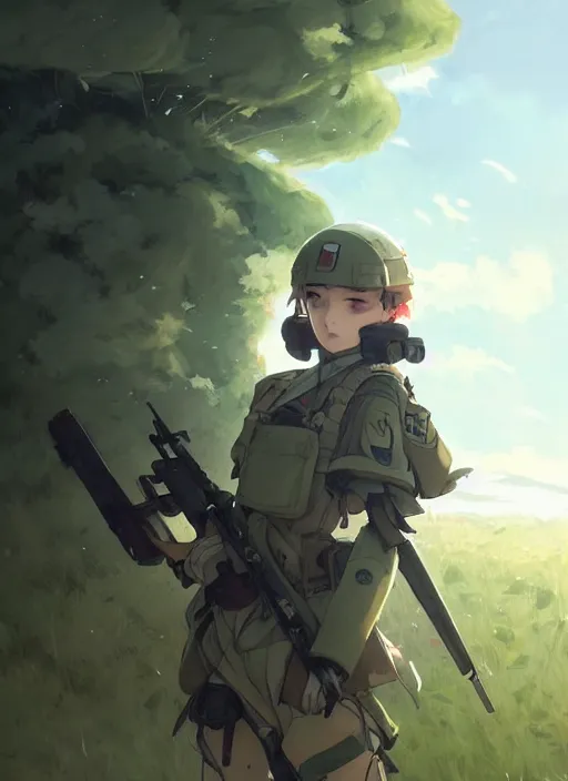 Prompt: portrait of cute soldier girl taking cover, cloudy sky background lush landscape illustration concept art anime key visual trending pixiv fanbox by wlop and greg rutkowski and makoto shinkai and studio ghibli and kyoto animation soldier clothing military gear realistic anatomy mechanized