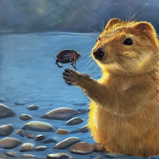 Image similar to quokka holding a mudskipper next to a river, painting