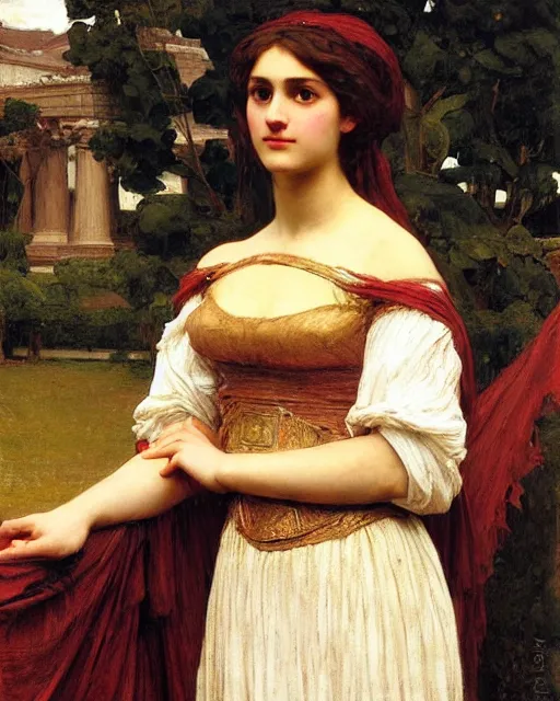 Image similar to portrait en buste of annasophia robb in greek dress by John William Waterhouse, Frederic Leighton, Edmund Blair Leighton, true-to-life, flowing realistic fabric, abundant detail